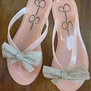 Brand New Jessica Simpson Flip Flops, Girls, Peach with sparkly silver bows,